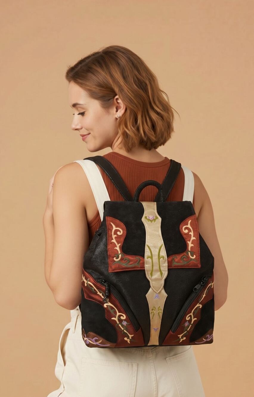 NWT OOVOO Le Thi Hong Tu Hand Embroidered Silk & Leather Asian Backpack 12x14x4